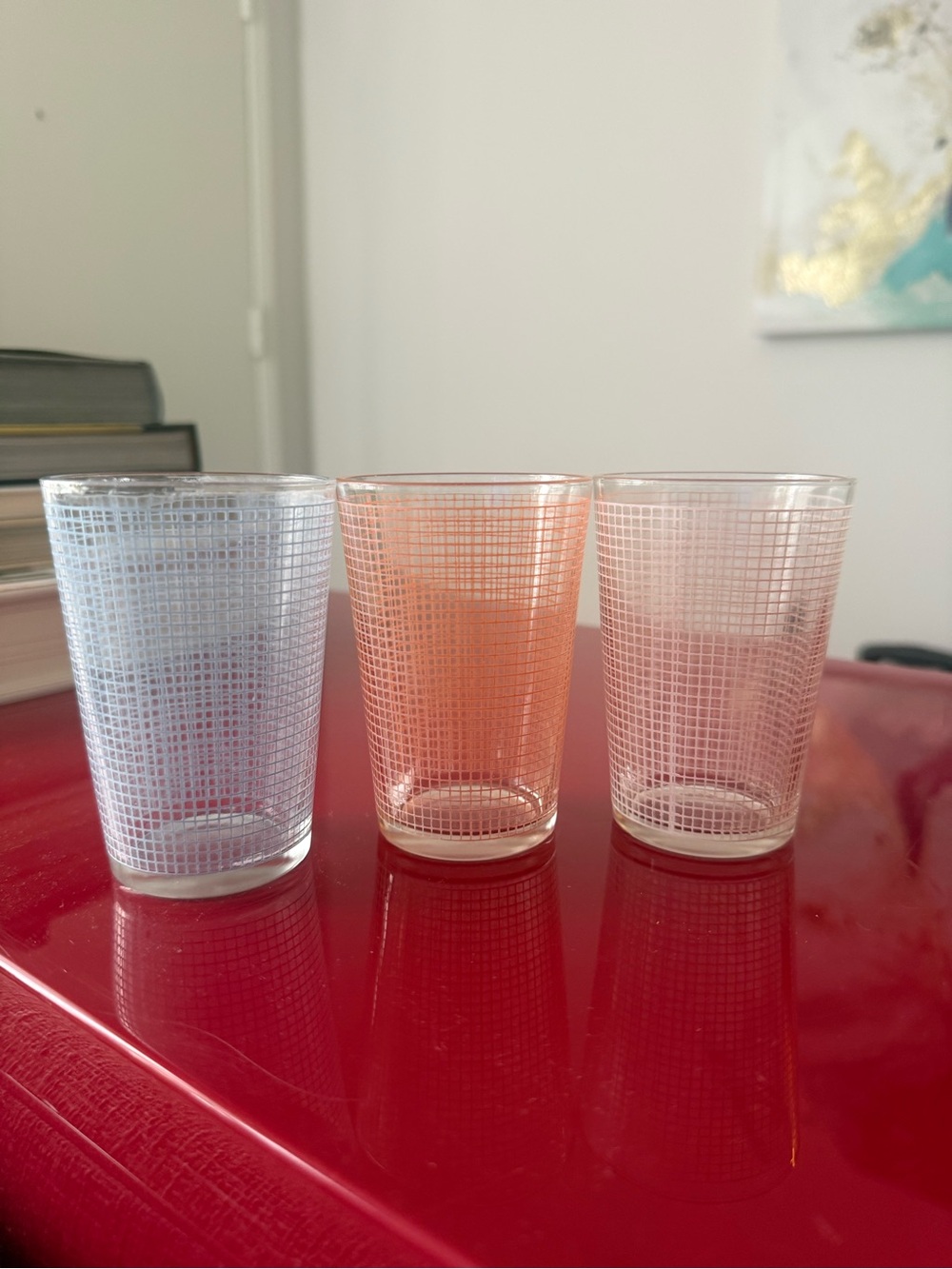 Set of 3 Vintage Grid Pattern Glass Tumblers Pink Blue Clear MCM Barware